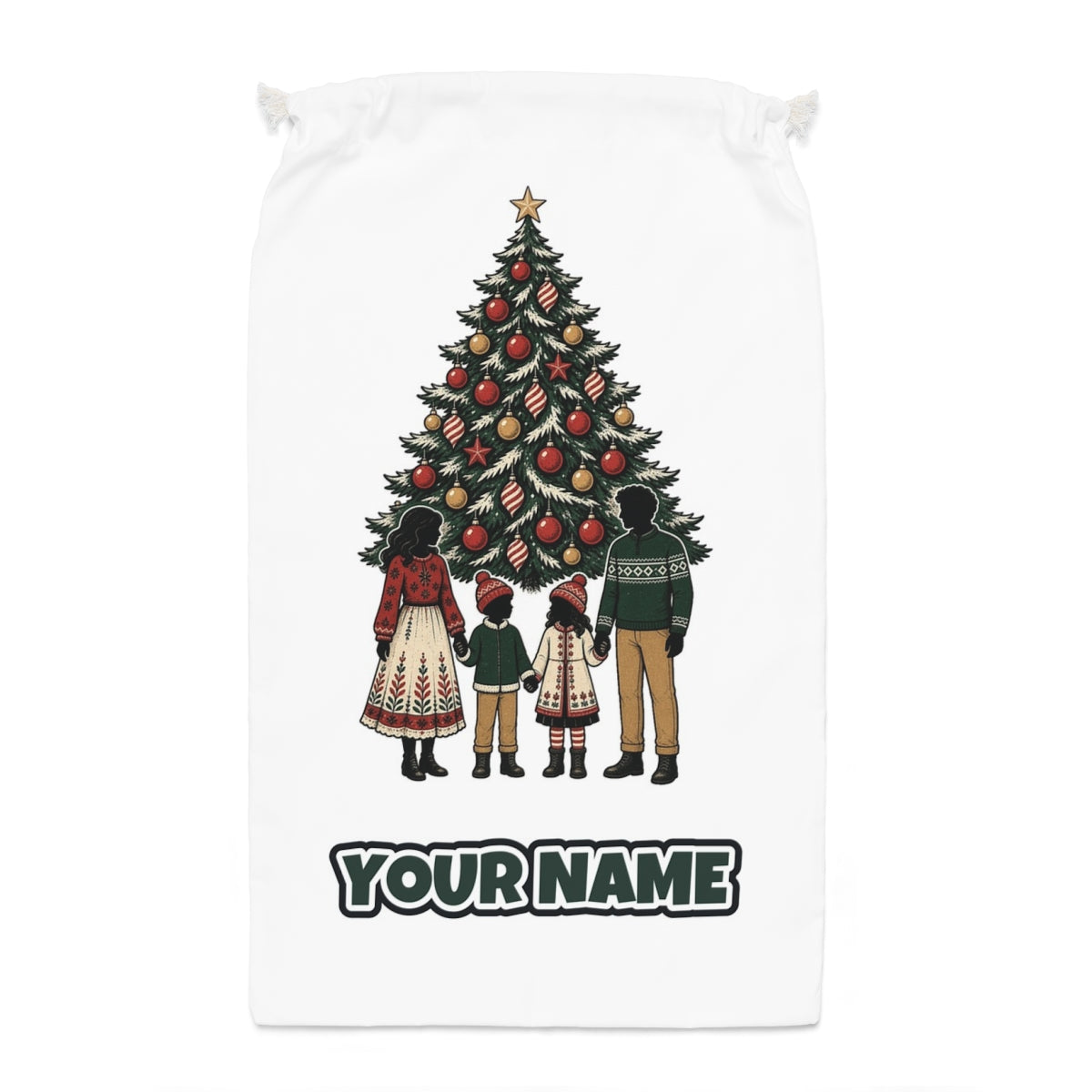 Family At The Christmas Tree Santa sack laid flat, showing the full print