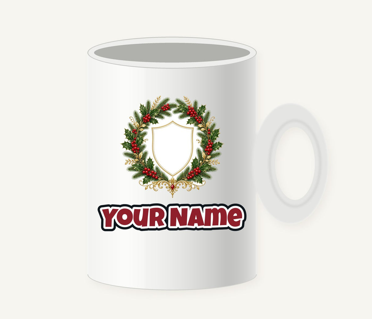 Family Christmas Wreath Plaque personalised Christmas mug, white ceramic with the design and a name printed on it