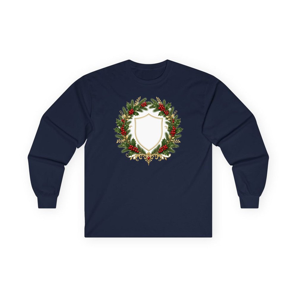 Family Christmas Wreath Plaque personalised long sleeve Christmas T-shirt in navy