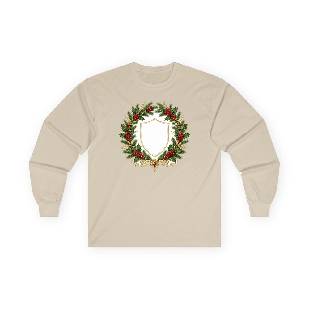Family Christmas Wreath Plaque personalised long sleeve Christmas T-shirt in sand