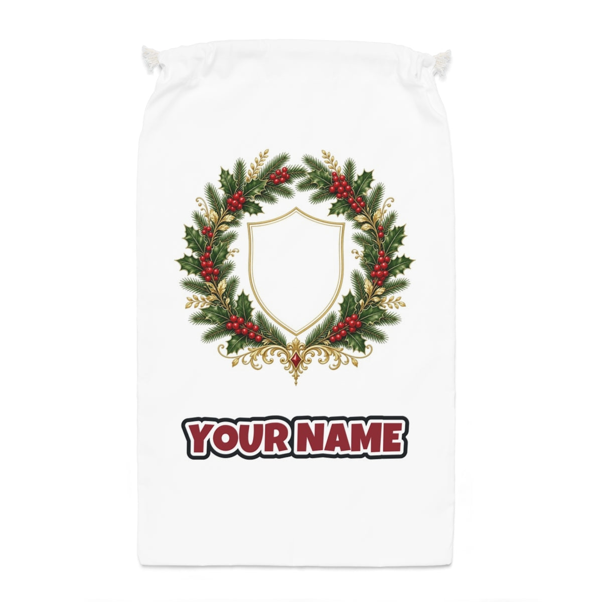 Family Christmas Wreath Plaque Santa sack laid flat, showing the full print