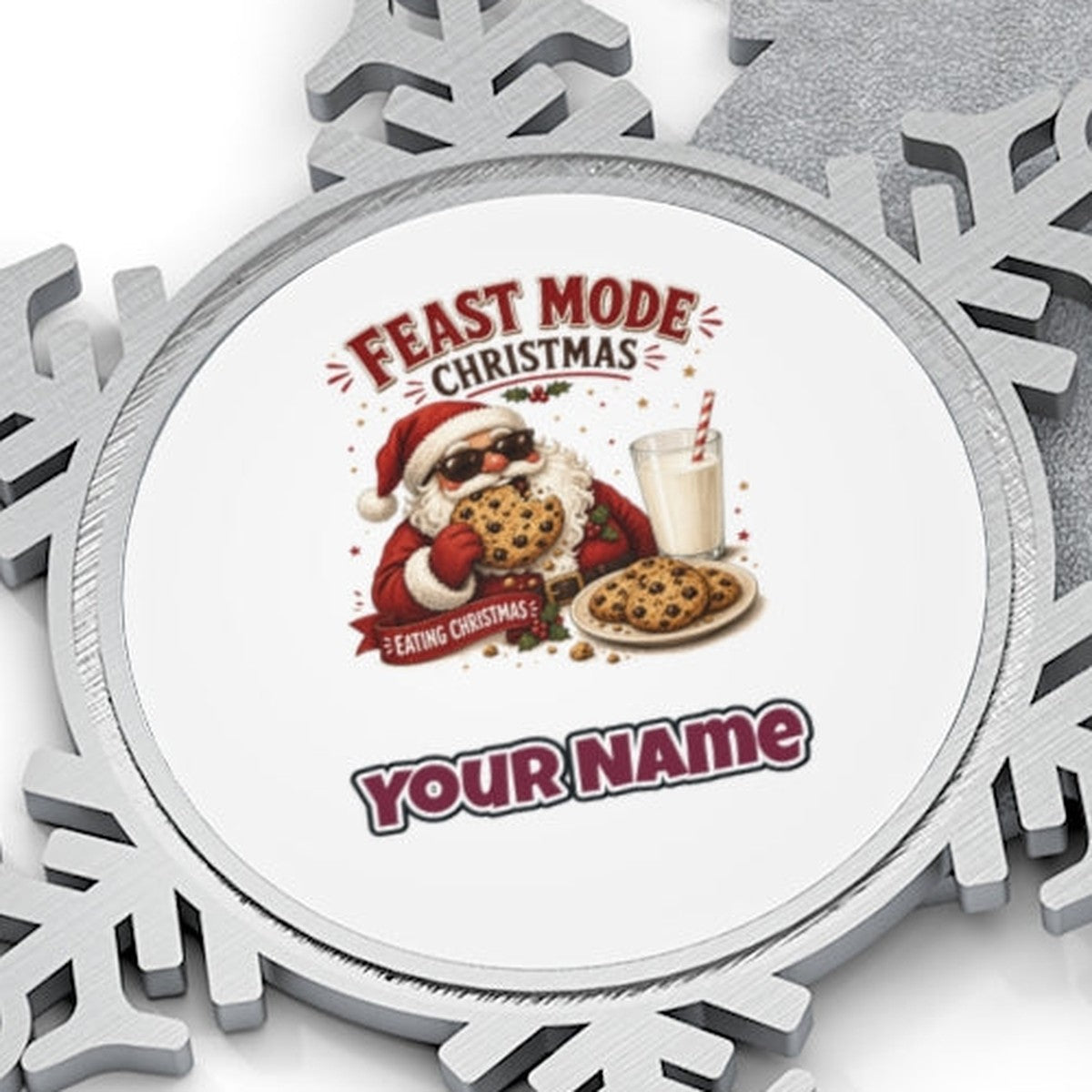 Feast Mode Cookie Santa Personalised Pewter Christmas Ornament