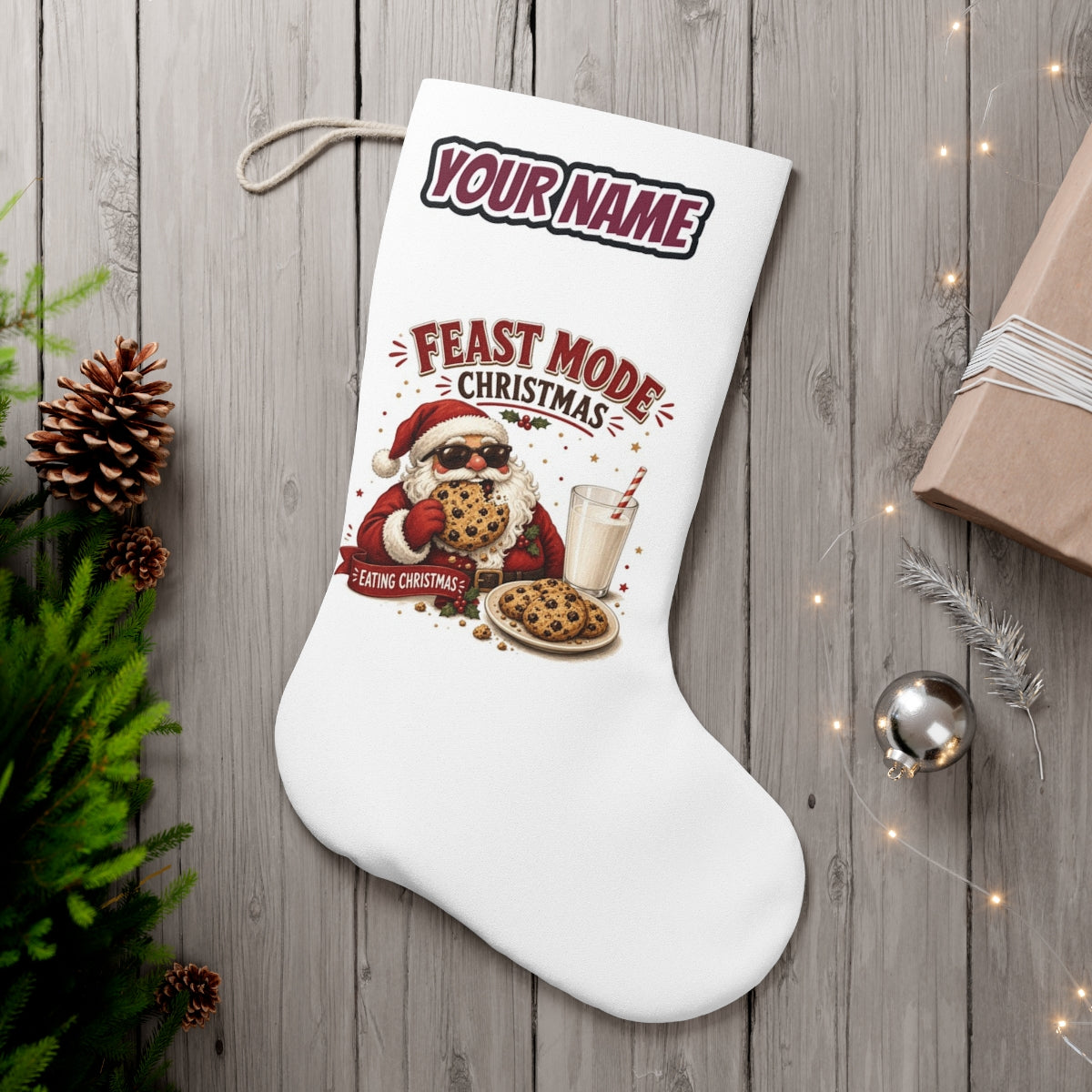 Feast Mode Cookie Santa personalised Christmas stocking, white, with the name across the top