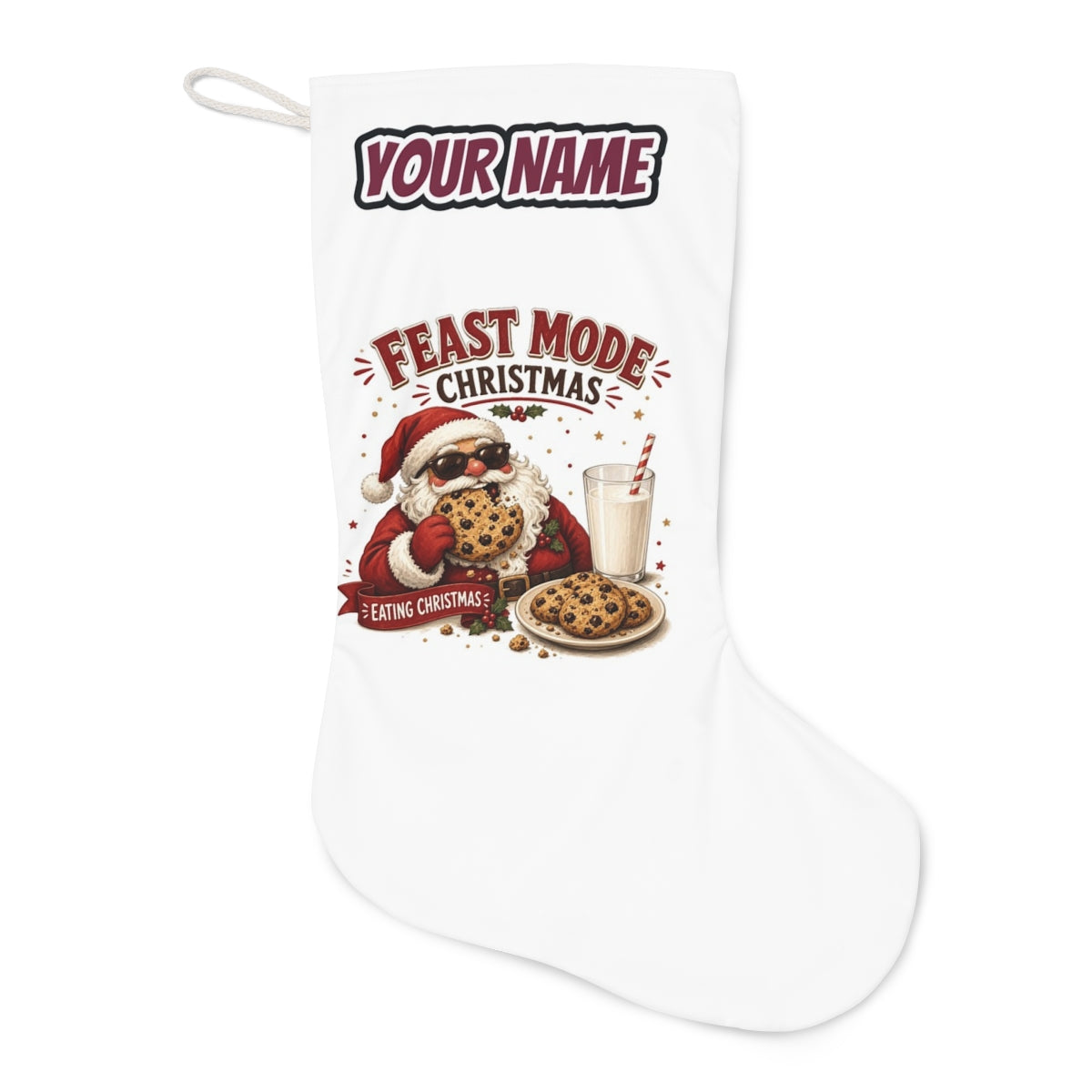 Feast Mode Cookie Santa Christmas stocking laid flat, showing the full print