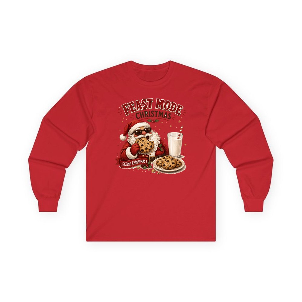 Feast Mode Cookie Santa personalised long sleeve Christmas T-shirt in red