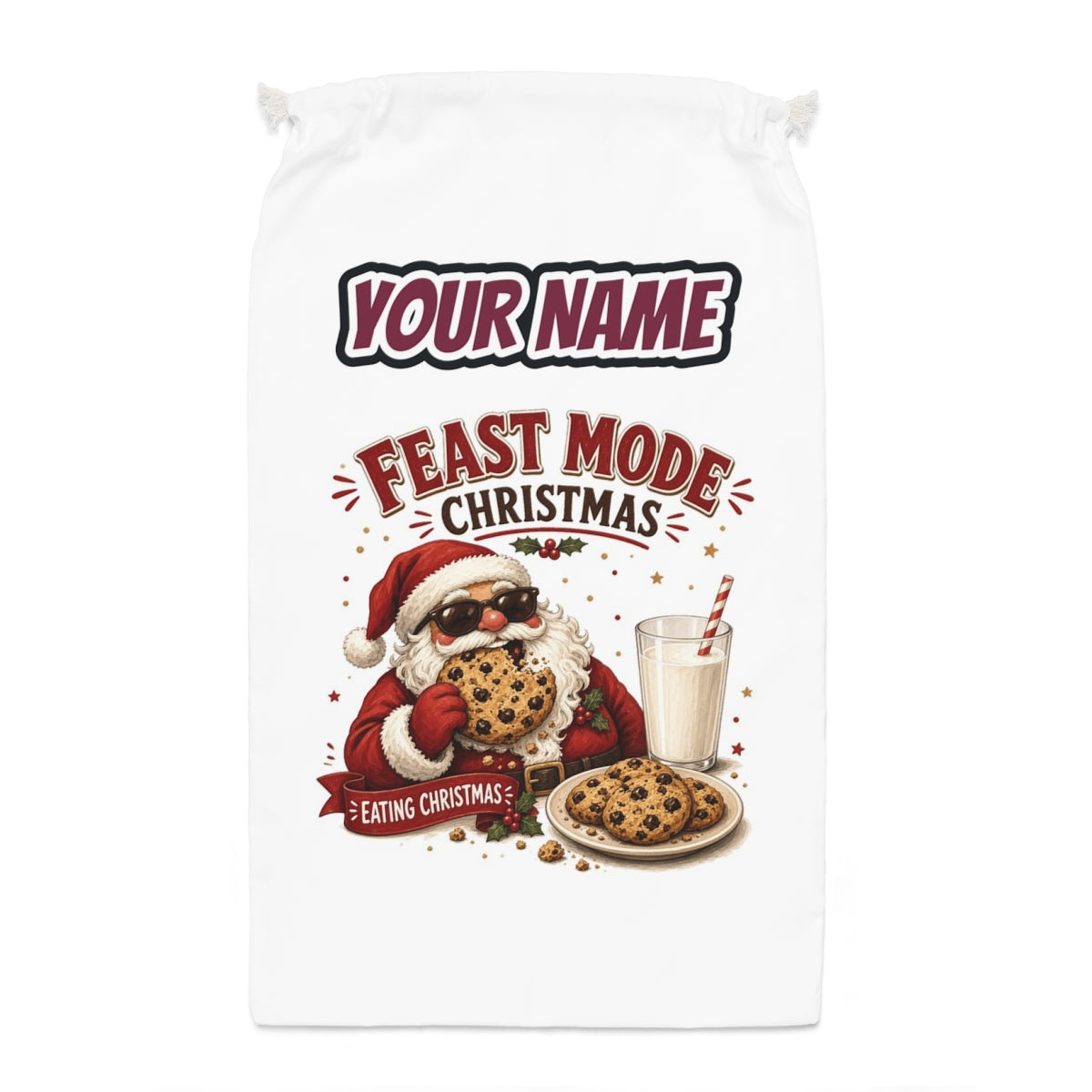 Feast Mode Cookie Santa Santa sack laid flat, showing the full print