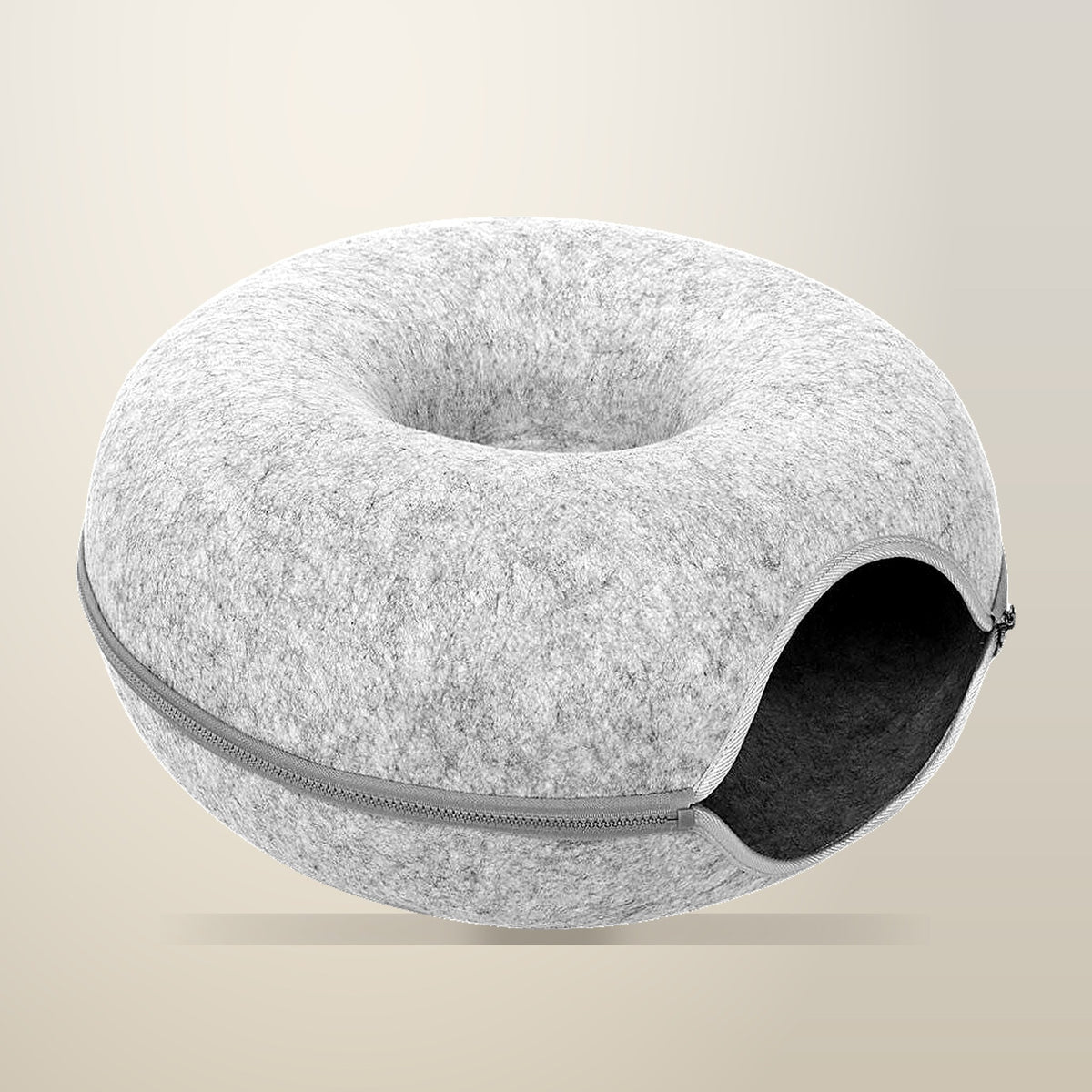 Felt Cat Donut Cave Bed, Deep Grey or Light Grey, on a plain cream background