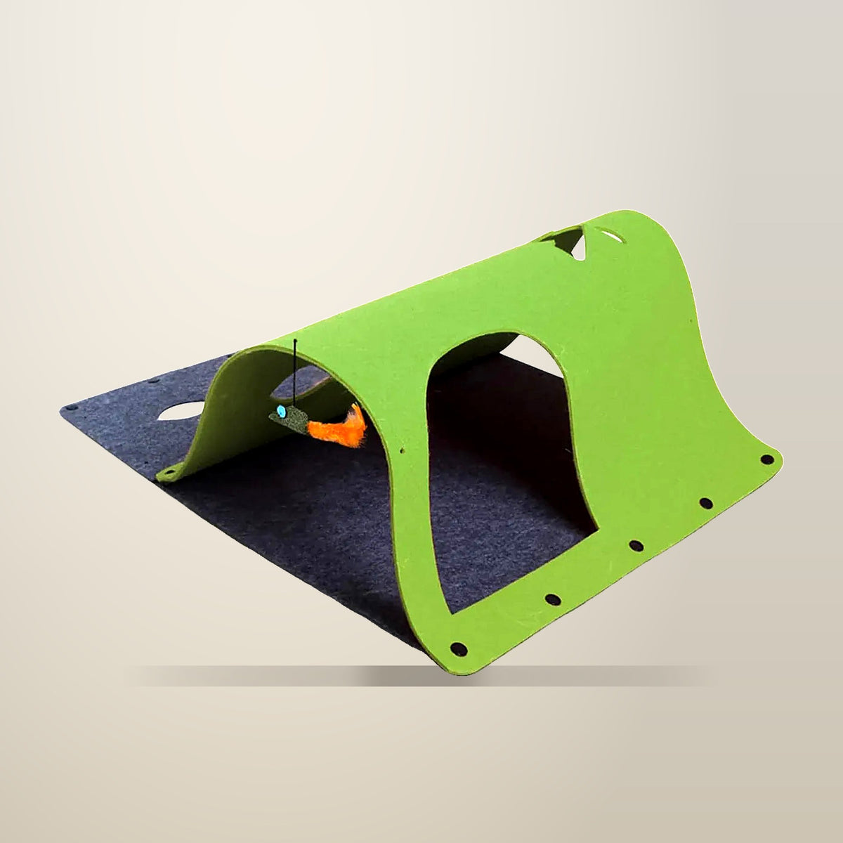 Felt Cat Play Tunnel, Foldable, Green, on a plain cream background