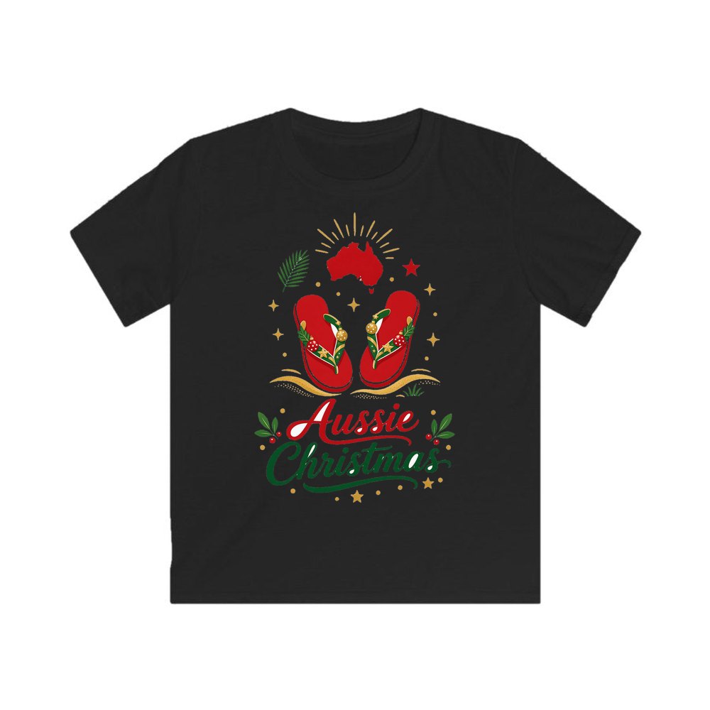 Festive Aussie Thongs personalised kids Christmas tee in black