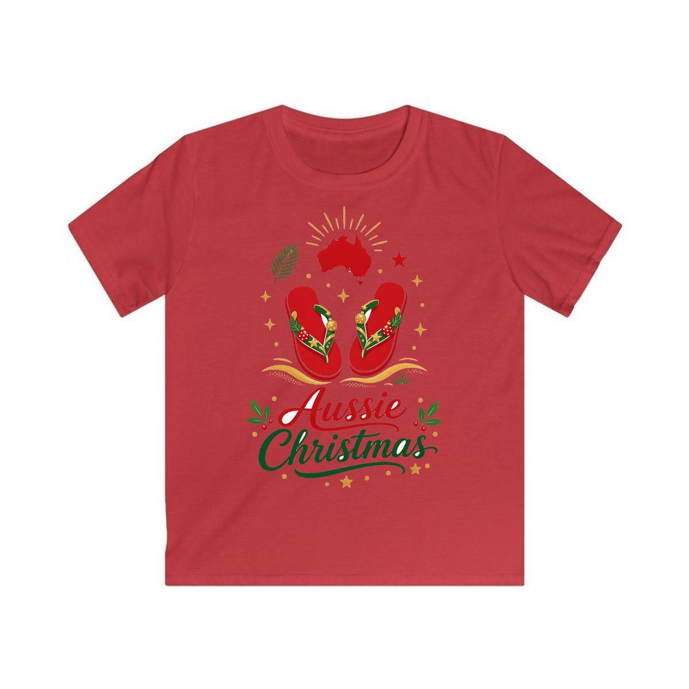 Festive Aussie Thongs personalised kids Christmas tee in red