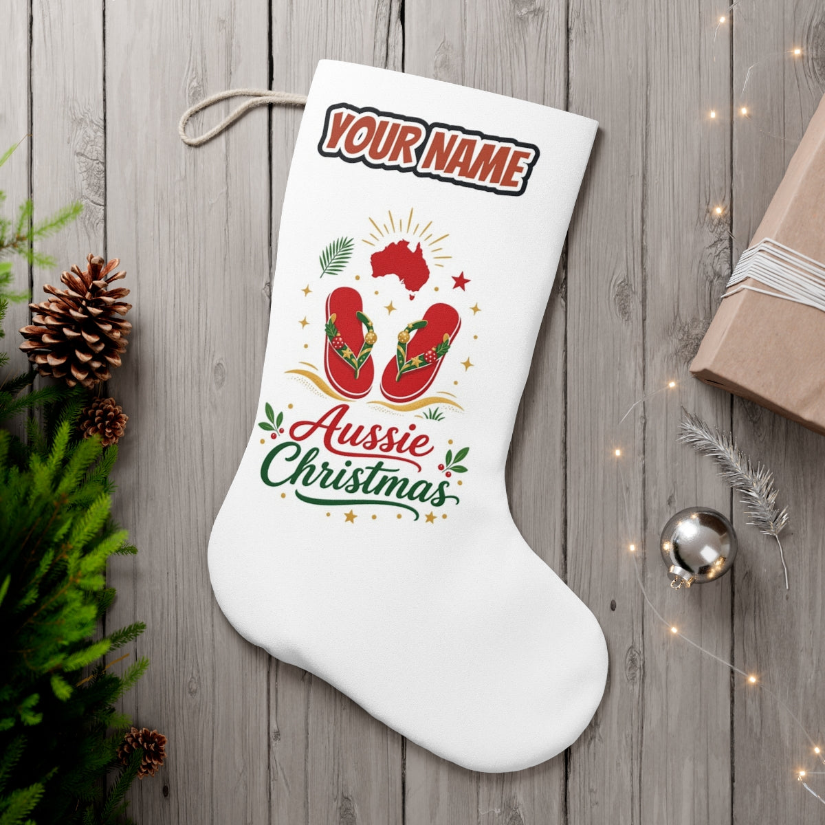 Festive Aussie Thongs personalised Christmas stocking, white, with the name across the top