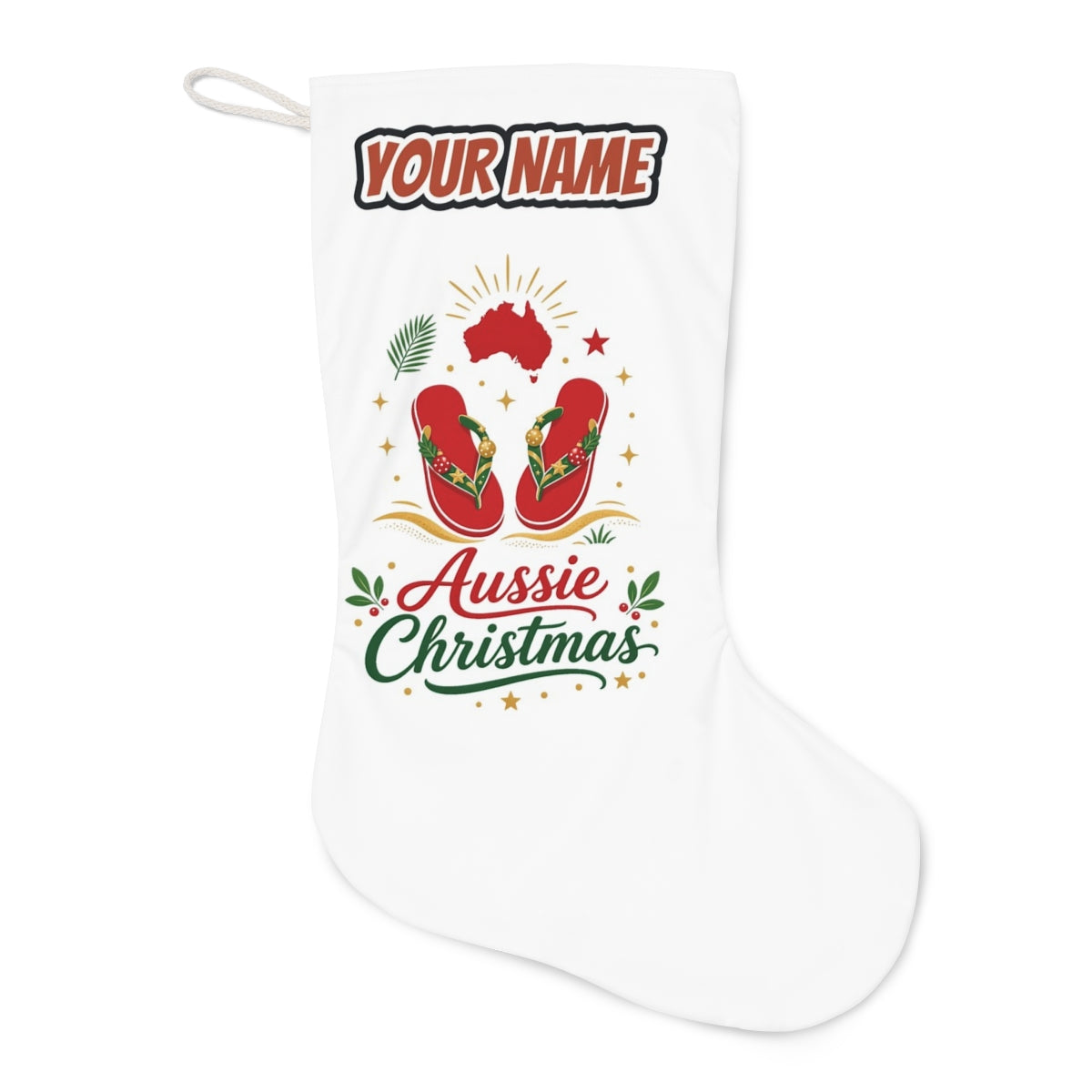 Festive Aussie Thongs Christmas stocking laid flat, showing the full print