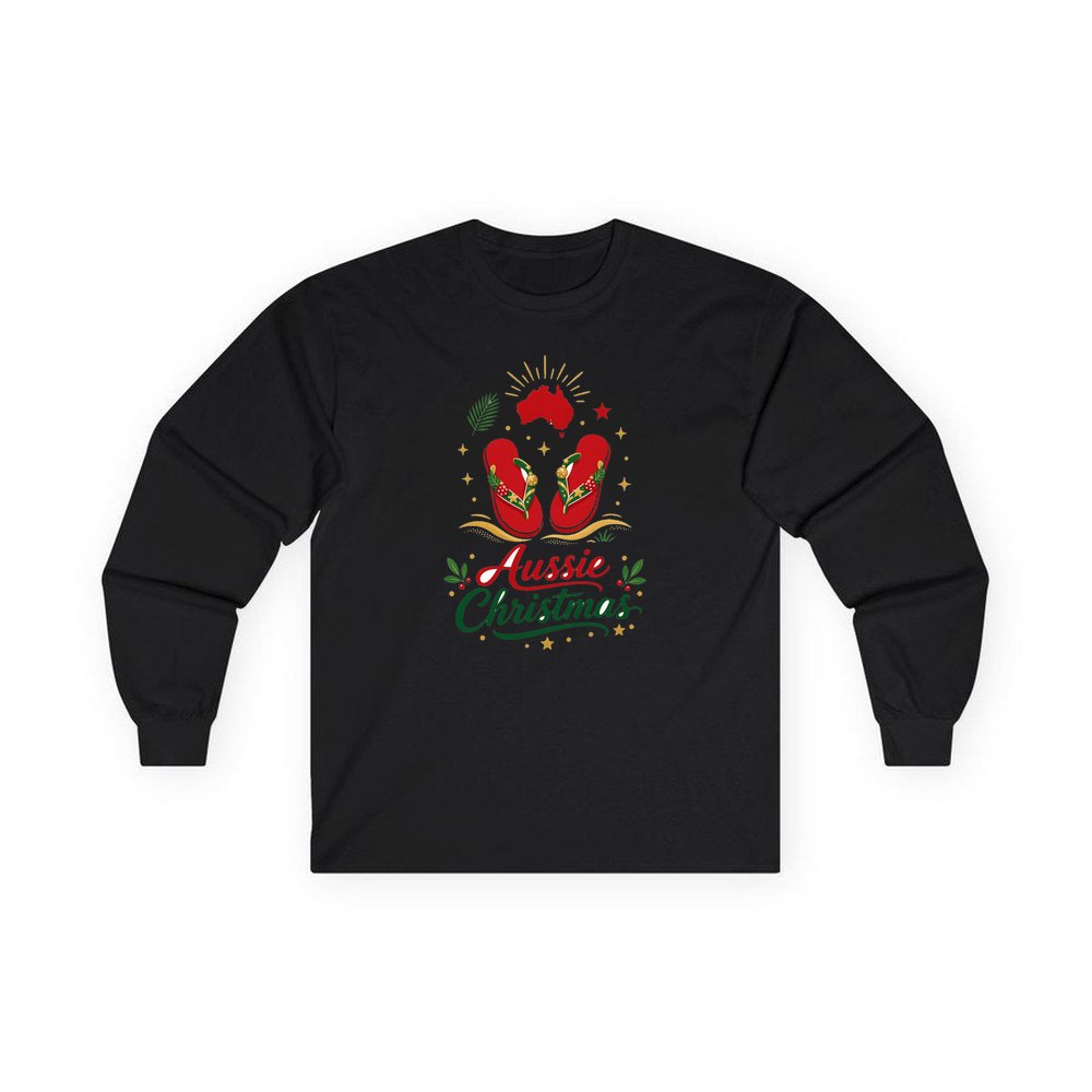 Festive Aussie Thongs personalised long sleeve Christmas T-shirt in black
