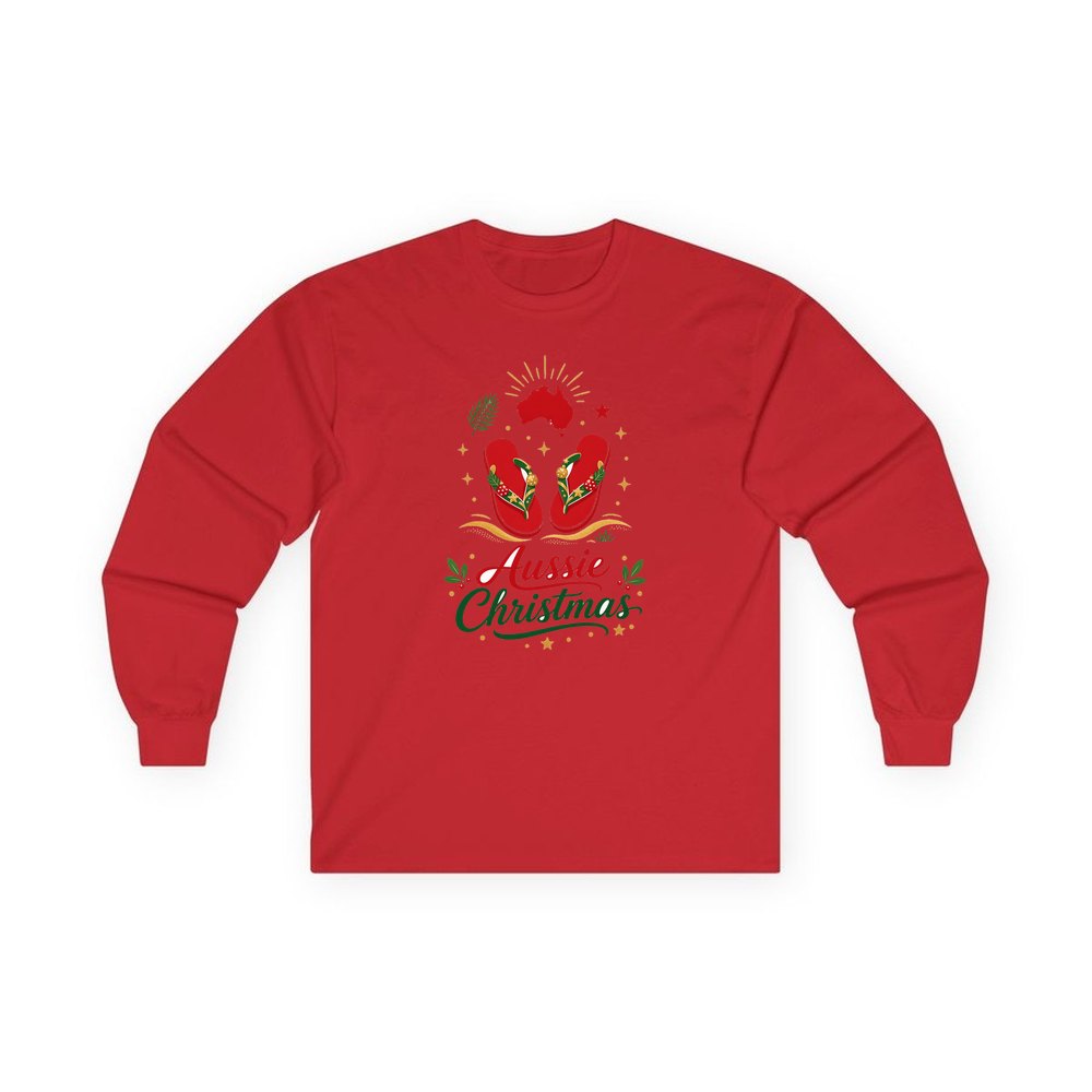 Festive Aussie Thongs personalised long sleeve Christmas T-shirt in red