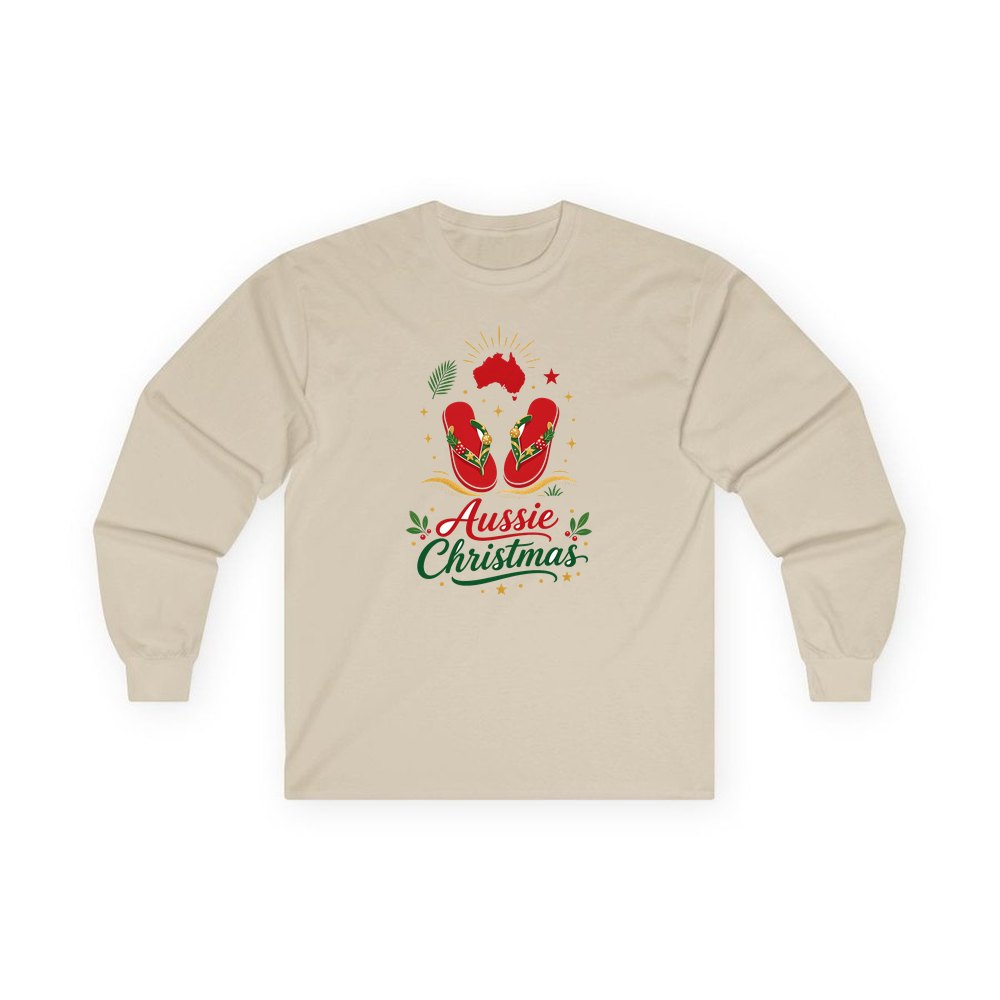 Festive Aussie Thongs personalised long sleeve Christmas T-shirt in sand