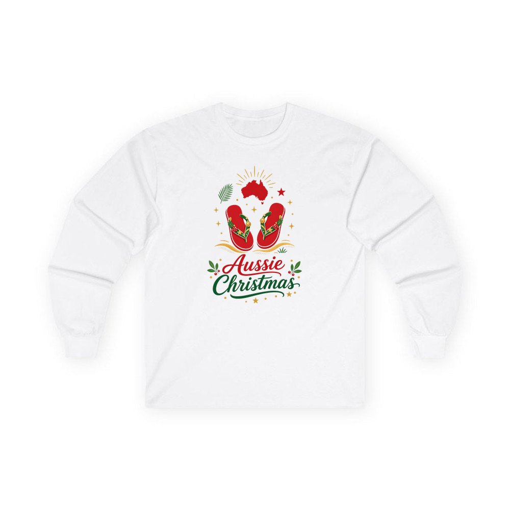 Festive Aussie Thongs personalised long sleeve Christmas T-shirt in white