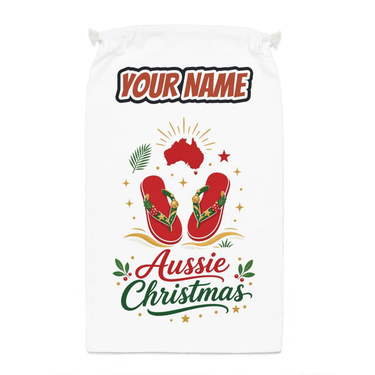 Festive Aussie Thongs Santa sack laid flat, showing the full print