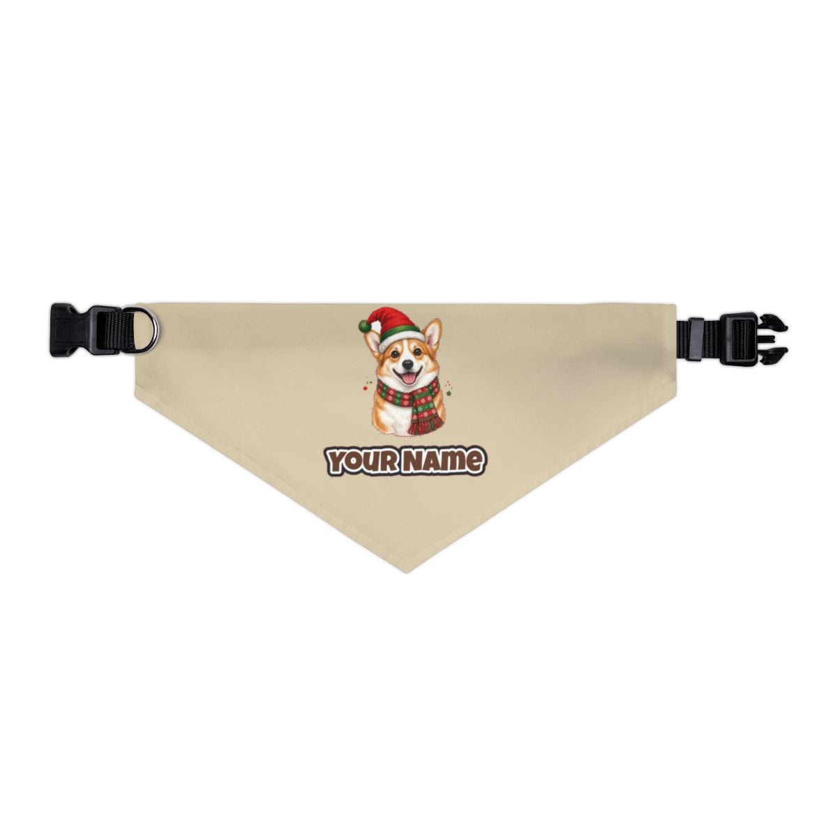Festive Corgi Santa Hat personalised Christmas pet bandana in beige, collar with buckle