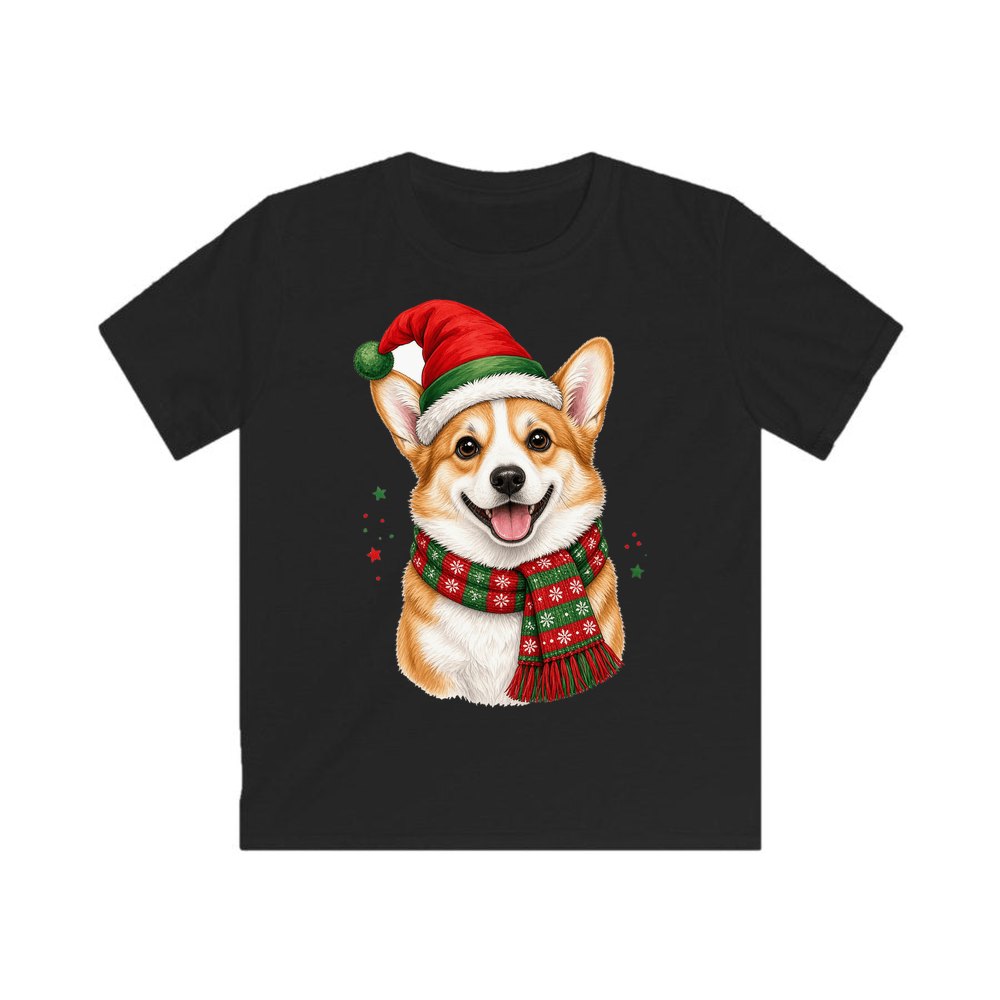 Festive Corgi Santa Hat personalised kids Christmas tee in black
