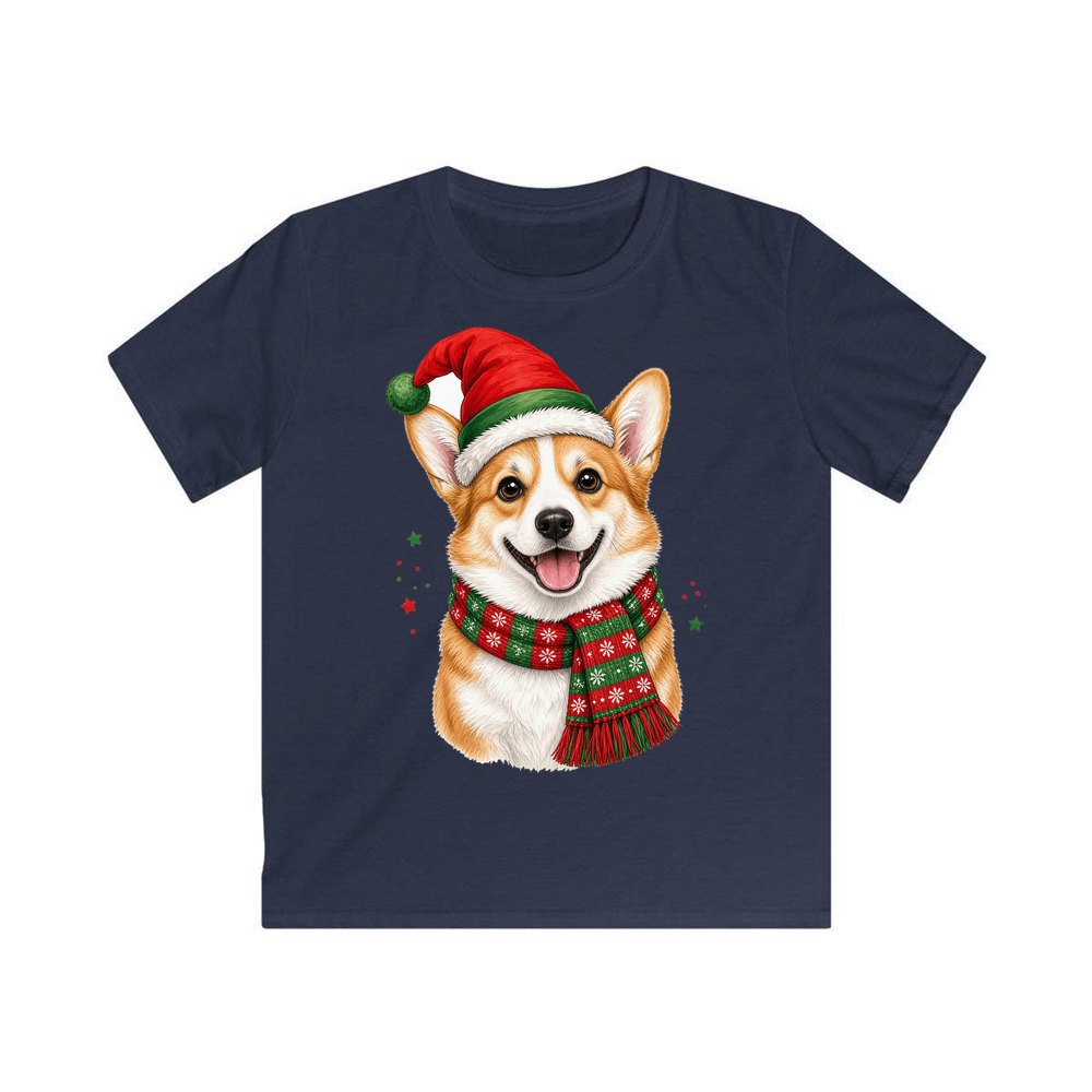 Festive Corgi Santa Hat personalised kids Christmas tee in navy