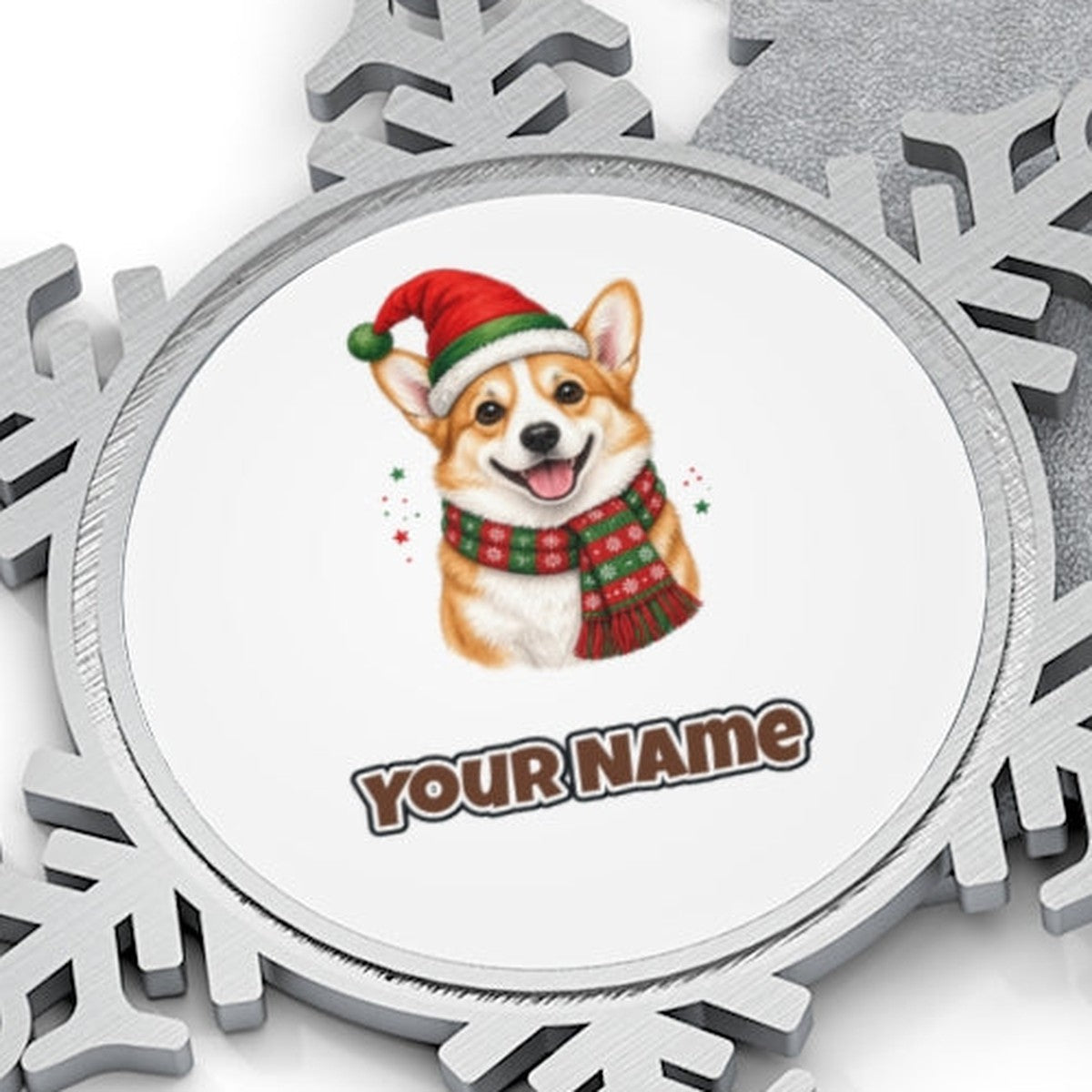 Festive Corgi Santa Hat Personalised Pewter Christmas Ornament
