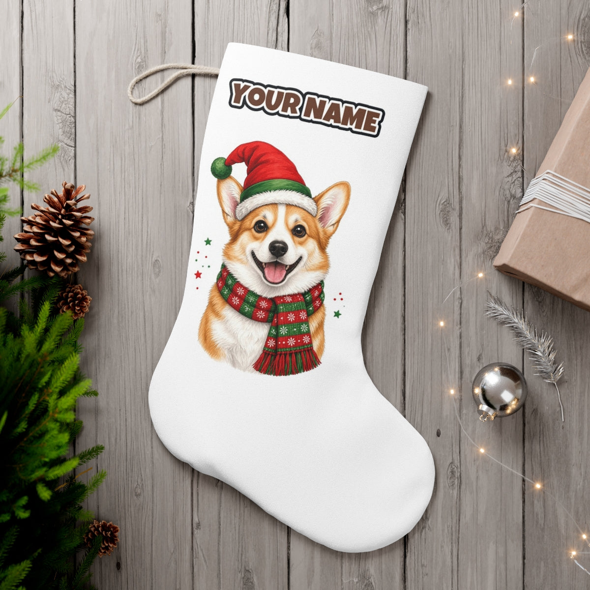 Festive Corgi Santa Hat personalised Christmas stocking, white, with the name across the top