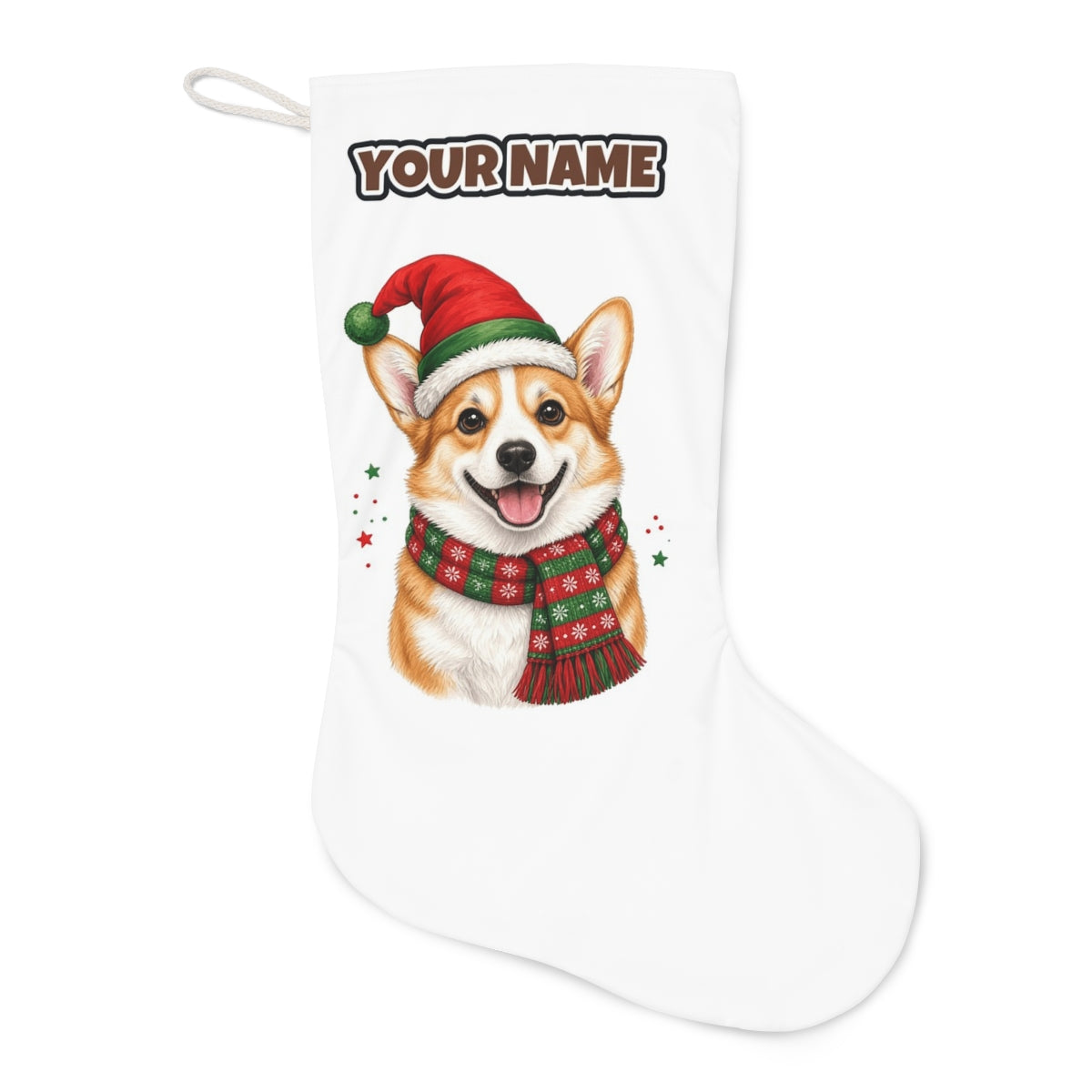 Festive Corgi Santa Hat Christmas stocking laid flat, showing the full print