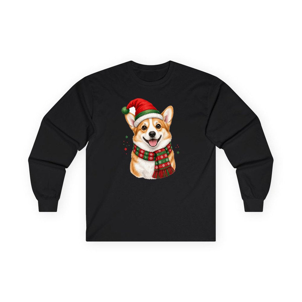 Festive Corgi Santa Hat personalised long sleeve Christmas T-shirt in black