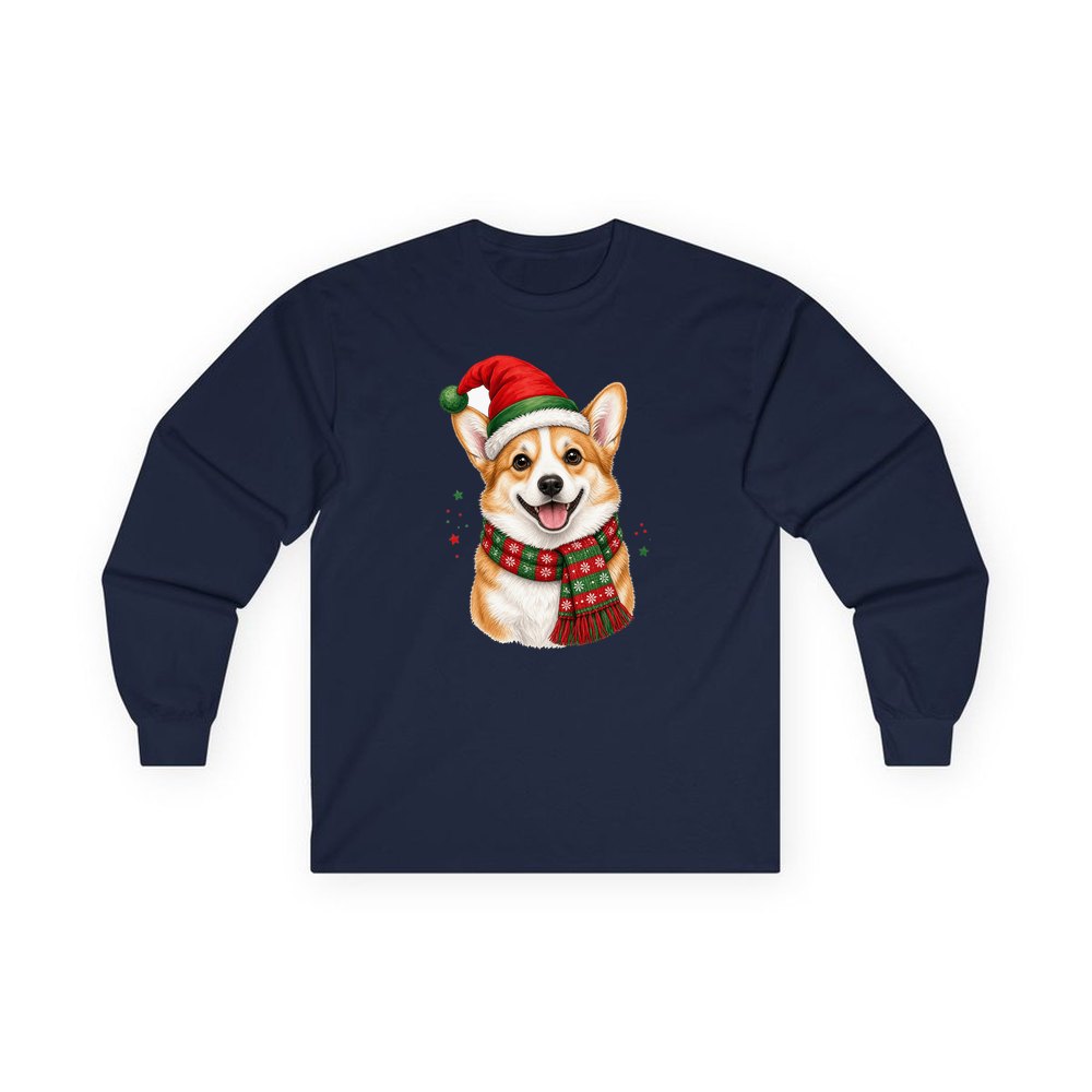 Festive Corgi Santa Hat personalised long sleeve Christmas T-shirt in navy