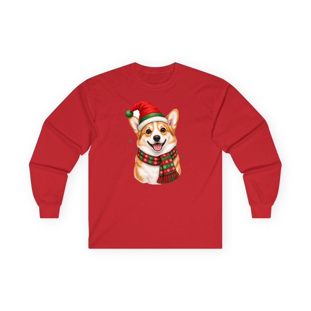 Festive Corgi Santa Hat personalised long sleeve Christmas T-shirt in red