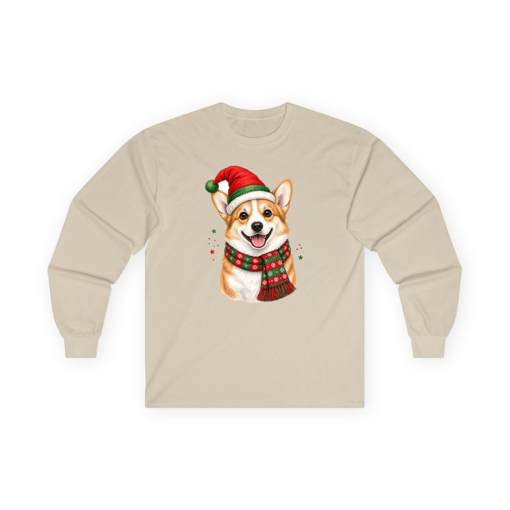 Festive Corgi Santa Hat personalised long sleeve Christmas T-shirt in sand