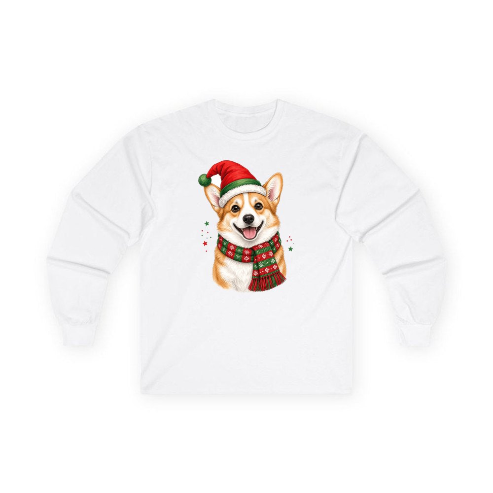 Festive Corgi Santa Hat personalised long sleeve Christmas T-shirt in white