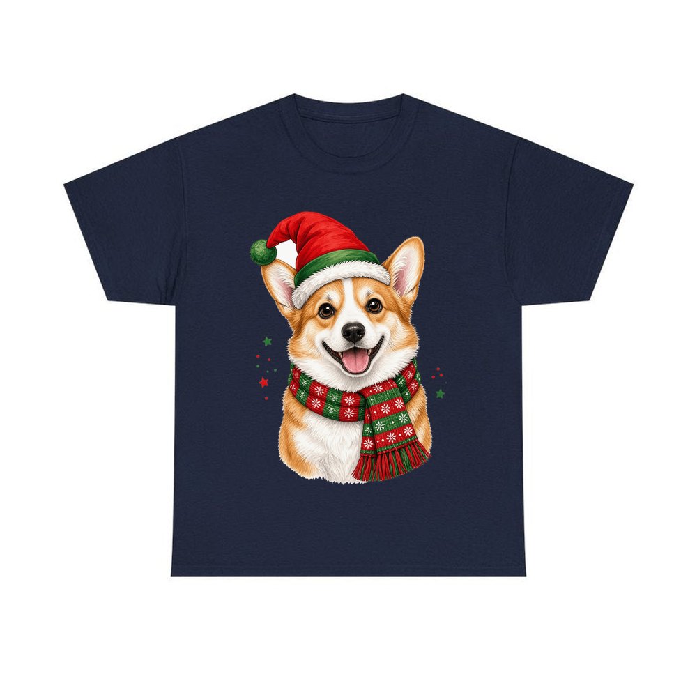 Festive Corgi Santa Hat personalised Christmas T-shirt in navy