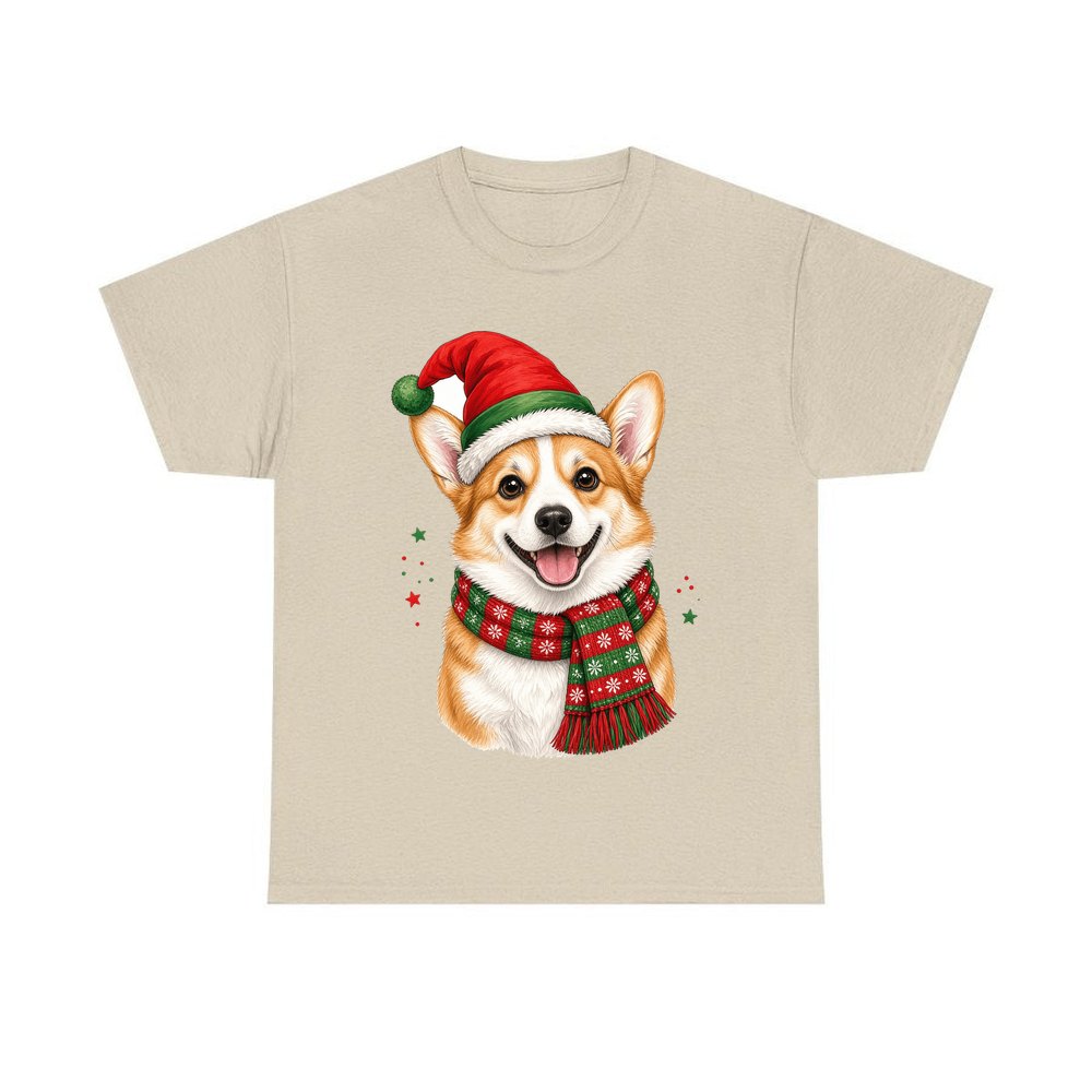 Festive Corgi Santa Hat personalised Christmas T-shirt in sand