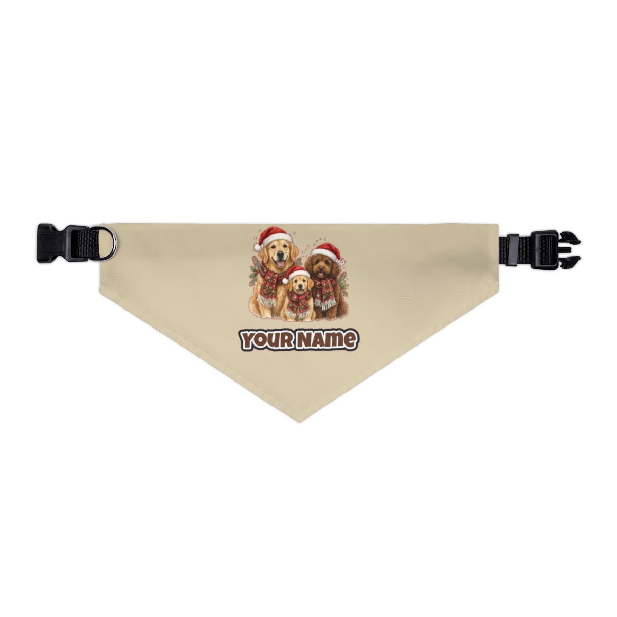 Festive Dogs In Scarves personalised Christmas pet bandana in beige, collar with buckle
