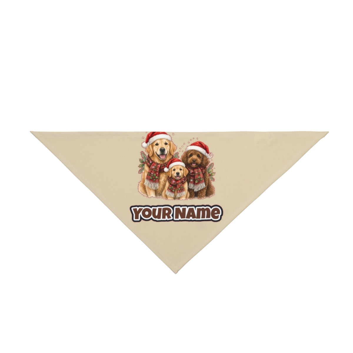 Festive Dogs In Scarves personalised Christmas pet bandana in beige, tie-on style