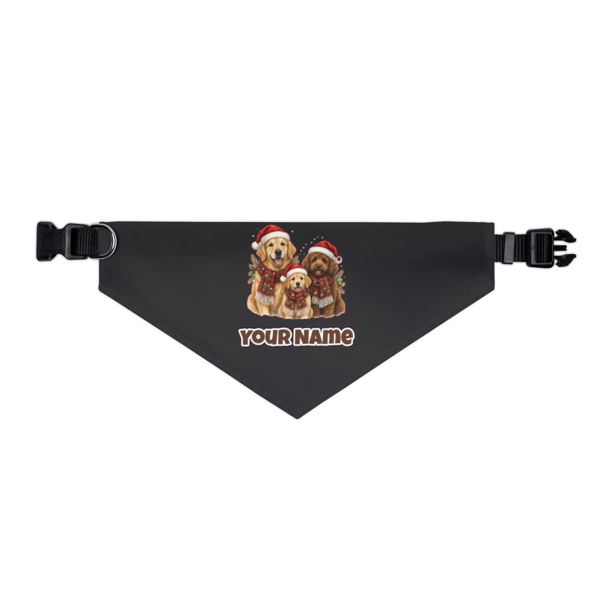 Festive Dogs In Scarves personalised Christmas pet bandana in black, collar with buckle