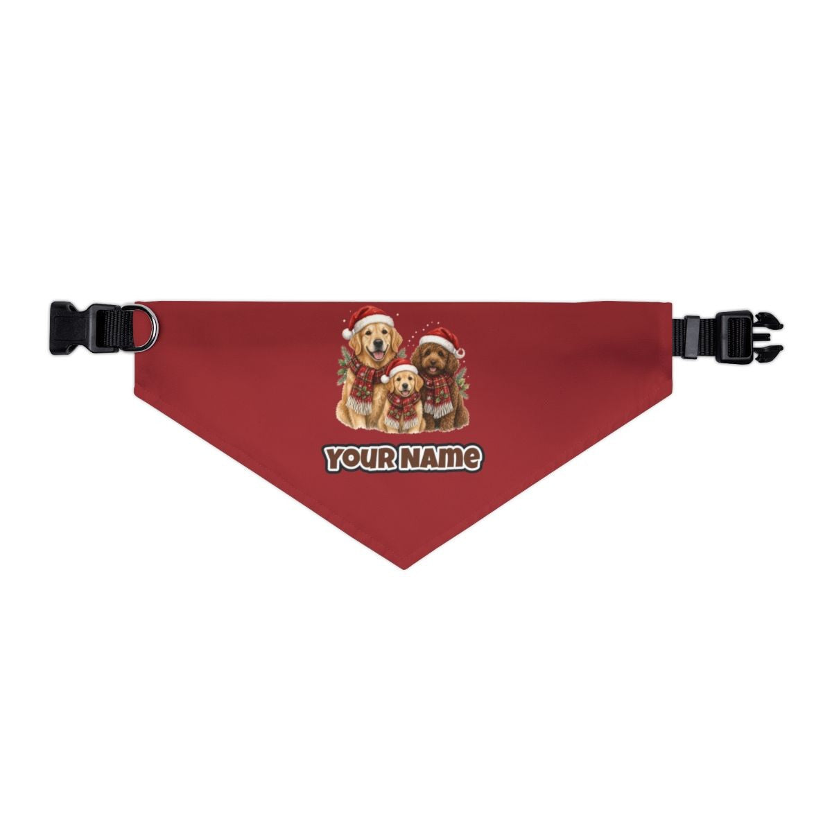 Festive Dogs In Scarves personalised Christmas pet bandana in red, collar with buckle