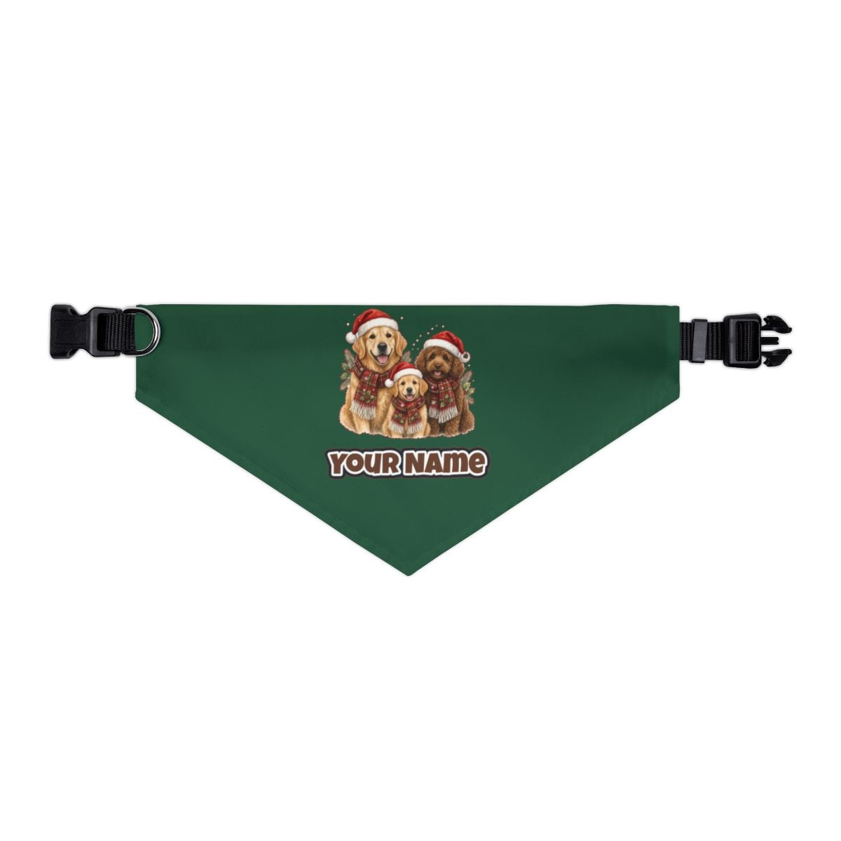 Festive Dogs In Scarves personalised Christmas pet bandana in green, collar with buckle