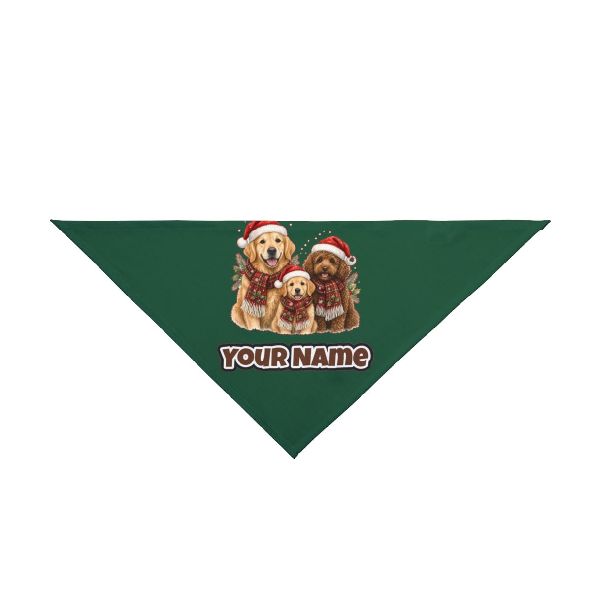 Festive Dogs In Scarves personalised Christmas pet bandana in green, tie-on style