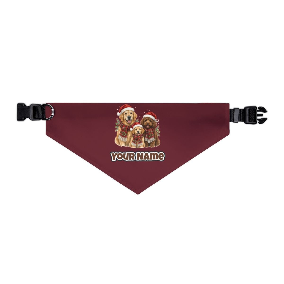 Festive Dogs In Scarves personalised Christmas pet bandana in maroon, collar with buckle