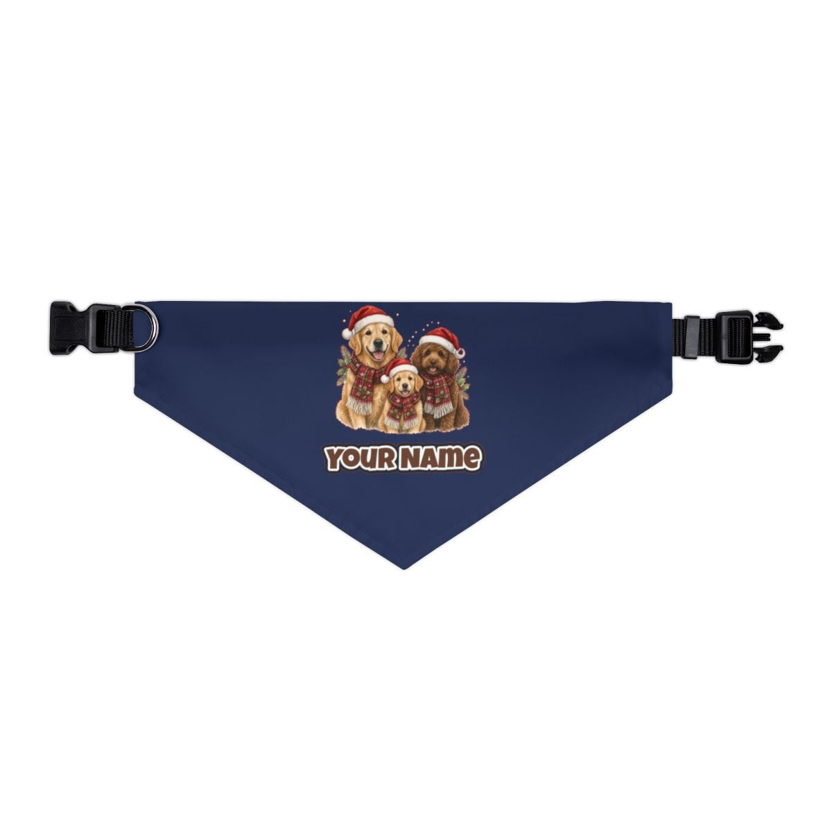 Festive Dogs In Scarves personalised Christmas pet bandana in navy, collar with buckle