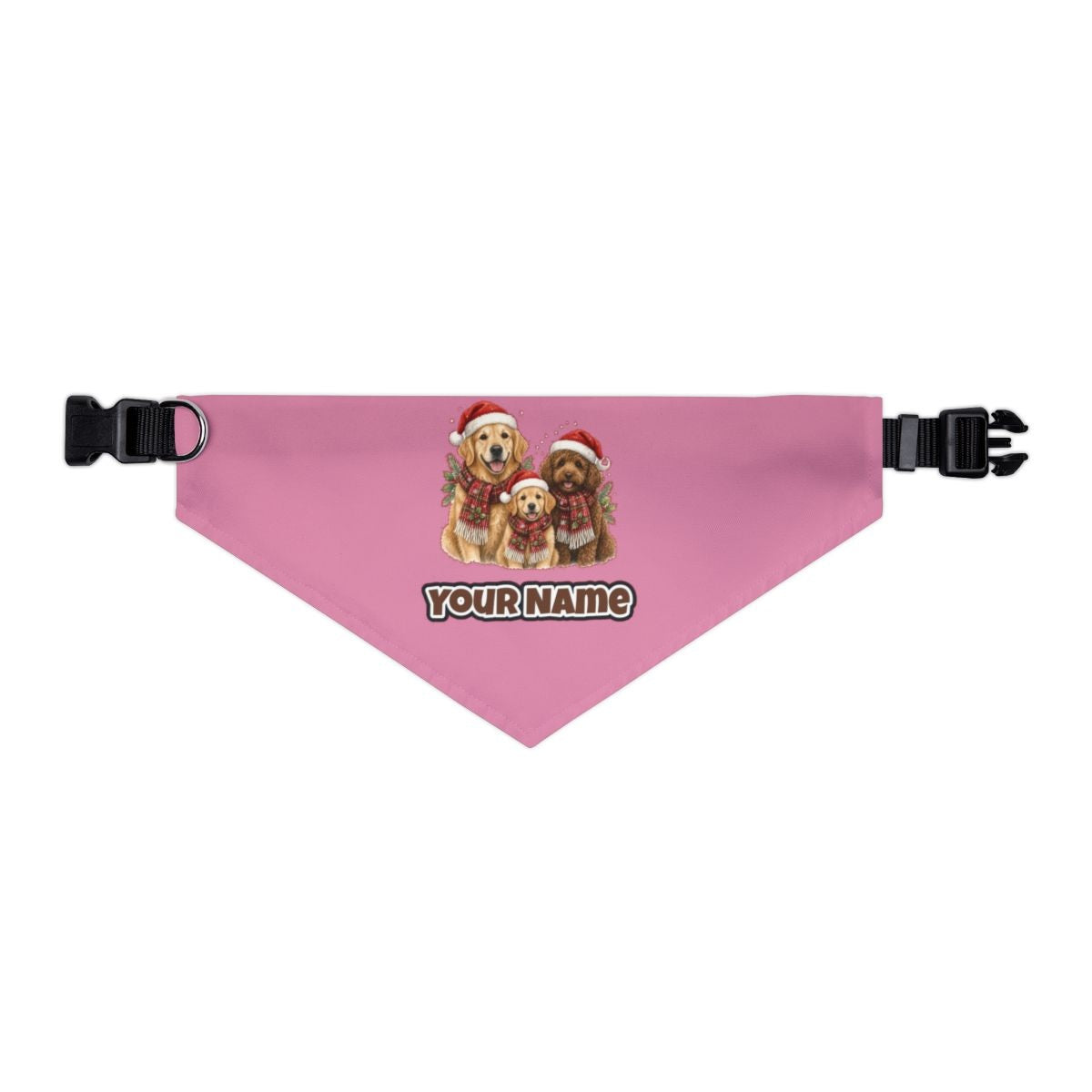 Festive Dogs In Scarves personalised Christmas pet bandana in pink, collar with buckle