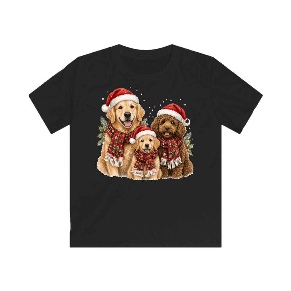 Festive Dogs In Scarves personalised kids Christmas tee in black