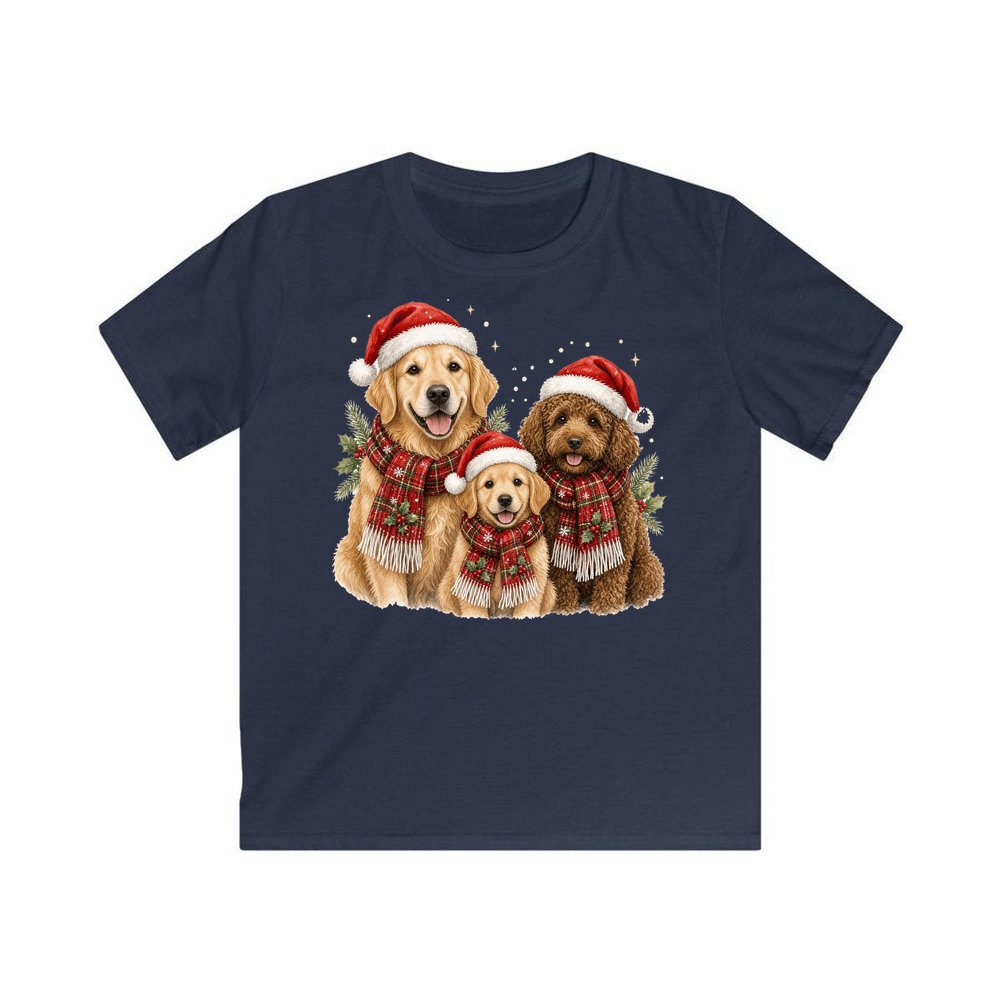 Festive Dogs In Scarves personalised kids Christmas tee in navy