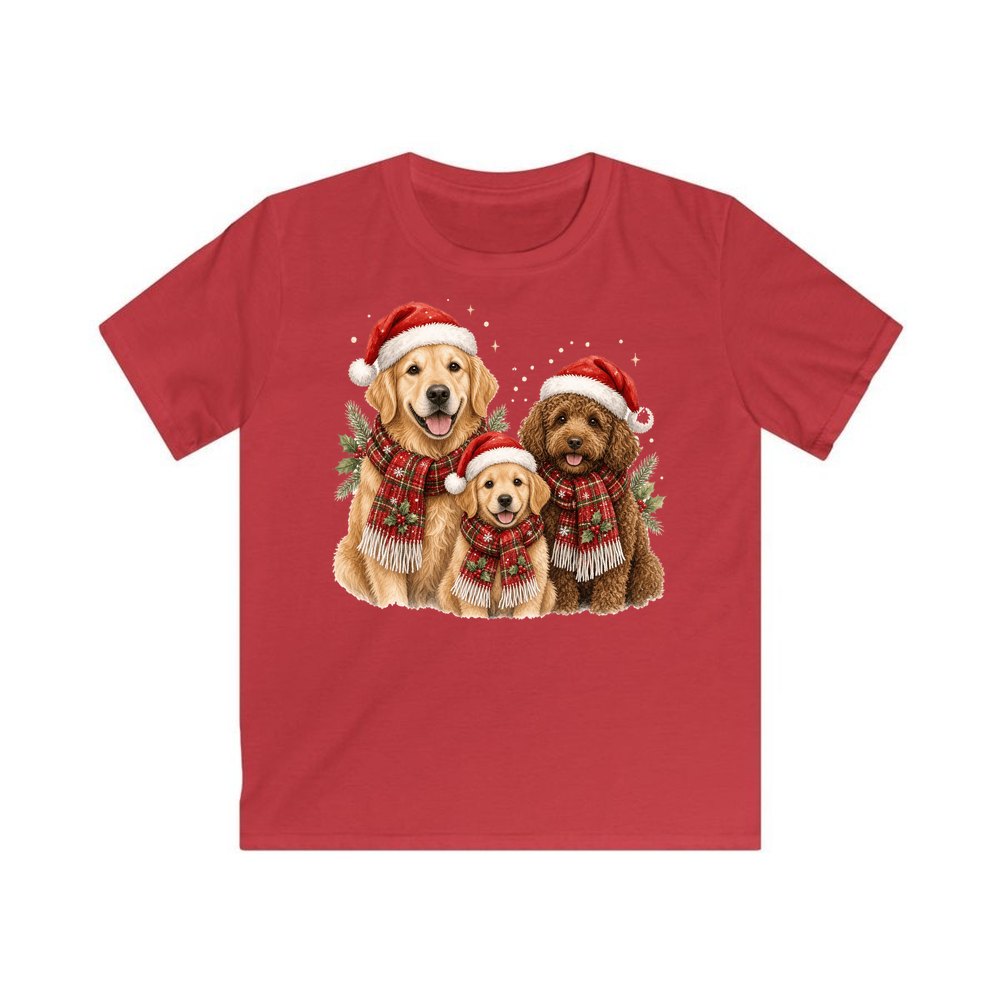 Festive Dogs In Scarves personalised kids Christmas tee in red