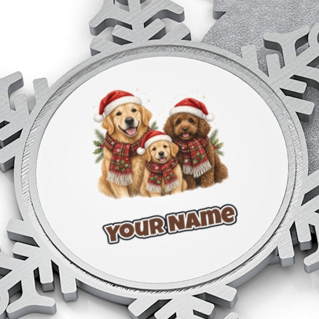 Festive Dogs In Scarves Personalised Pewter Christmas Ornament