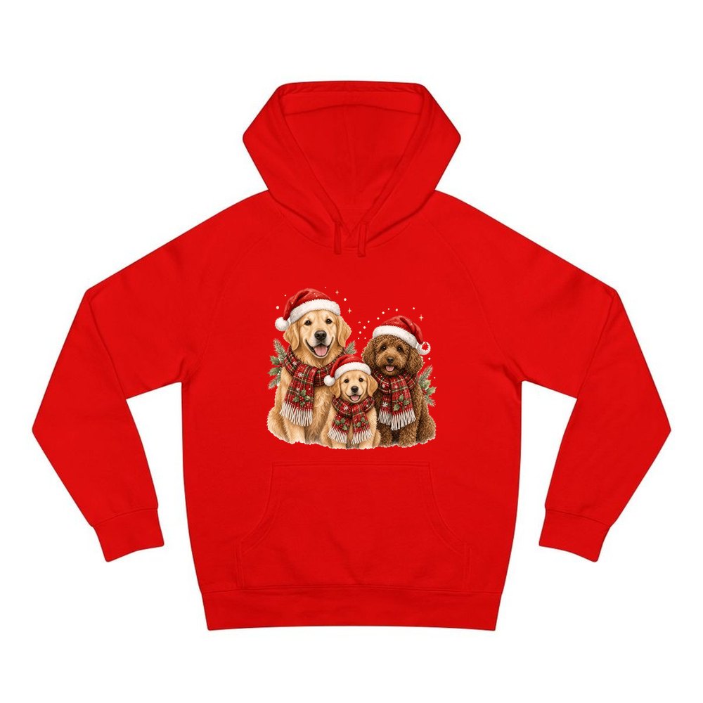 Festive Dogs In Scarves personalised Christmas hoodie in red