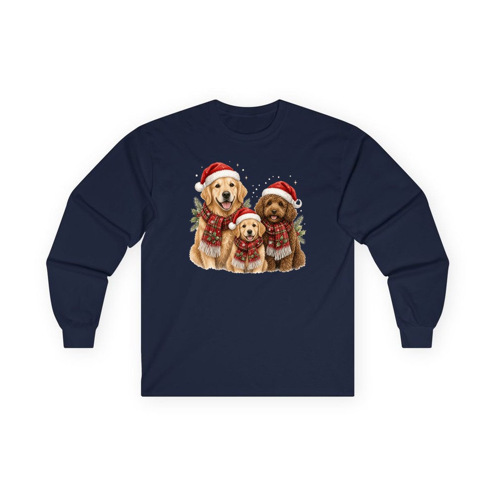 Festive Dogs In Scarves personalised long sleeve Christmas T-shirt in navy