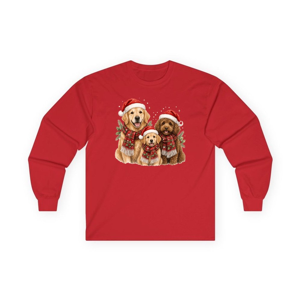 Festive Dogs In Scarves personalised long sleeve Christmas T-shirt in red